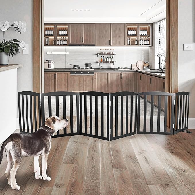 Freestanding Dog Gate Indoor,Doggie Gate Foldable Pet Gates for Doorways,Stairs or Hallways, Wooden Black Pet Gate for The House, Pet Fence with Support Feet Included,24 "Height-6 Panels