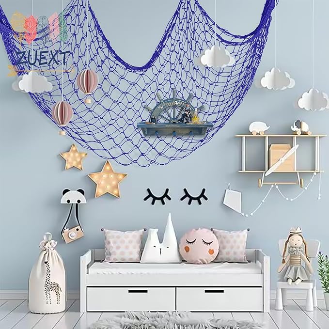 ZUEXT Dark Blue Decorative Fishing Net 80x40 Inch, 2PCS Picture Fish Net, Mermaid Net Cotton Fishnet Wall Hanging Decor for Hawaiian Nautical Beach Party, Fishnet Photo Display Sea Themed FishNet