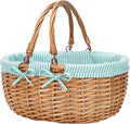 G GOOD GAIN Oval Picnic Basket with Folding Handles, Willow Hand Woven Shopping Basket, Bath Storage Gift Packing Basket, Wicker Empty Easter Eggs and Candy Small Gift Basket.Green