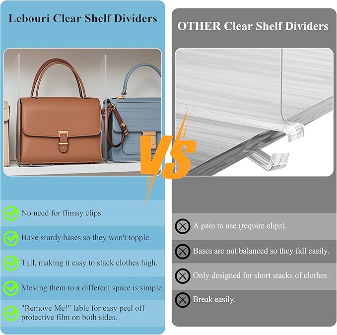 Shelf Dividers for Closet Organization - 10" Tall x 12" Deep Acrylic Closet Dividers for Shelves - Clear Free-Standing Shelf Separators for Clothes Sweater Purse