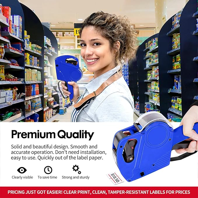 KPX MX5500 Pricing Tag Gun with 5150 pcs White Label Gun Stickers & 3 Extra Inker Rollers, Pricing Label Gun, 8 Digits Retail Pricing Gun and Labels for Grocery Store, Food (Blue)