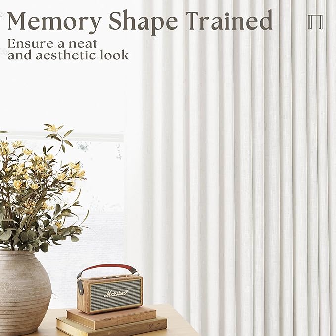 Beige White Pinch Pleated Linen Curtains 2 Panels for Living Room Bedroom Memory Training Shaped Semi Sheer Pleat Drapes with Hooks Rings Light Filtering Window Curtain 40x54