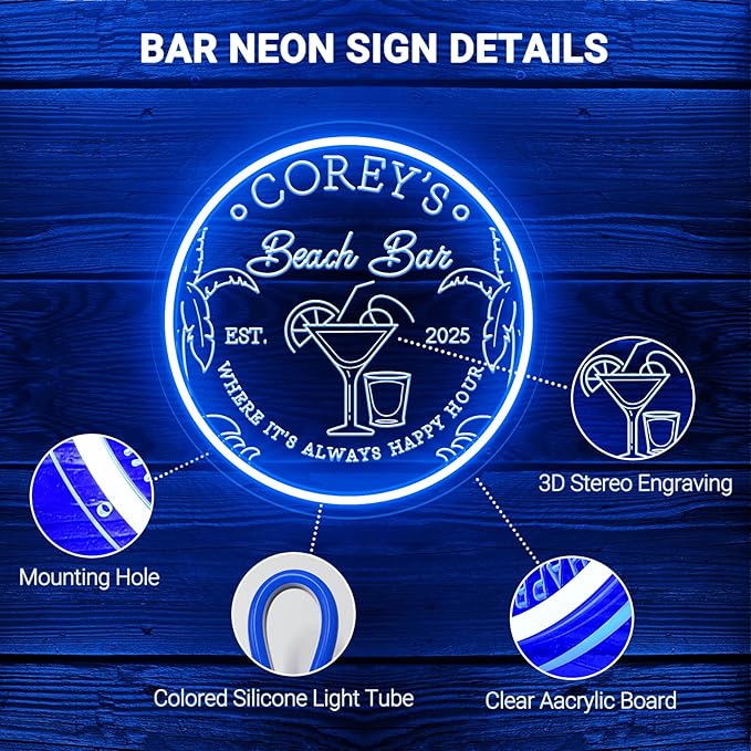 Custom Beach Bar Neon Sign for Wall Decor, Personalized LED Neon Home Bar Signs, Customized Neon Lights Cocktail Coconut Tree Signs for Man Cave Pub Tavern Bistro Lounge Pool Party Poolside Outdoor