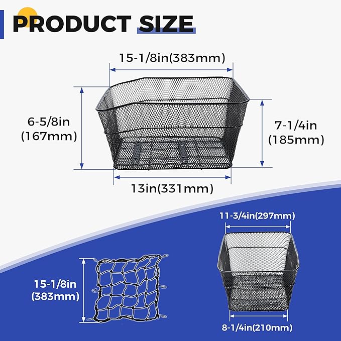 KAUFU Rear Bike Basket with Waterproof Cover and Adjustable Cargo Net, Large Bicycle Cargo Rack Storage Basket, Universal for Most Rear Bike Racks Fit for Shopping, Pets and Daily Outings