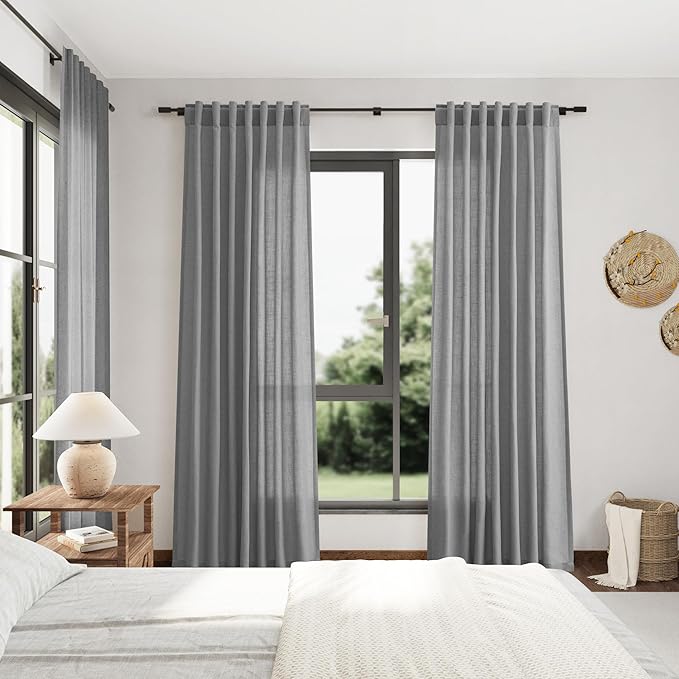 Extra Long Curtains 2 Panels 102 Inches Long for Living Room Cotton Linen Textured Window Curtain Dark Gery Back Tab Rod Pocket Light Filtering Semi Sheer Drapes 102 Inch Length for Bedroom