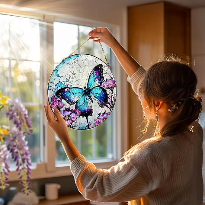 8 Inch Stained Glass Suncatcher Ornament, DOUHASU Butterfly Sun Catchers Indoor Window, Stained Glass Window Hanging, Home Decor, Butterfly Lovers Gifts for Her, Women, Mom, Grandma, Friend