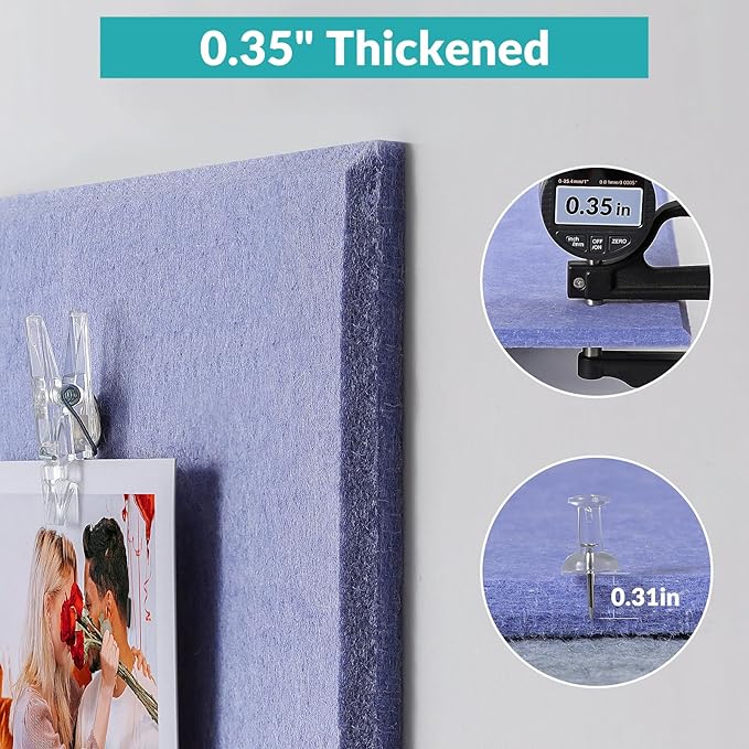 Large Bulletin Board 48" x 36" - 12 Pack Felt Wall Tiles with 60 Pcs Safe Removable Adhesive Tabs & 40 Pcs Pushpins, Cork Board for Office, School & Dart Wall Protector - Purple Blue