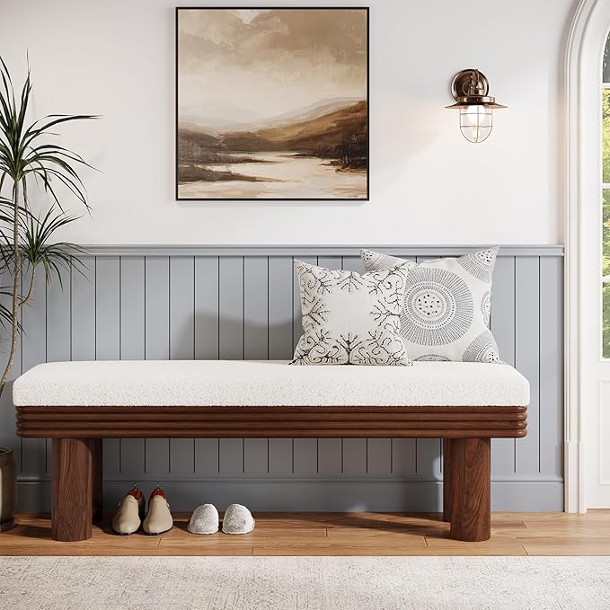 Tribesigns 55-Inch Upholstered Entryway Bench, Modern Shoe Bench with Faux Shearling Padded Seat, Upholstered End of Bed Stool for Bedroom, Entrance, Living Room (White & Dark Walnut)