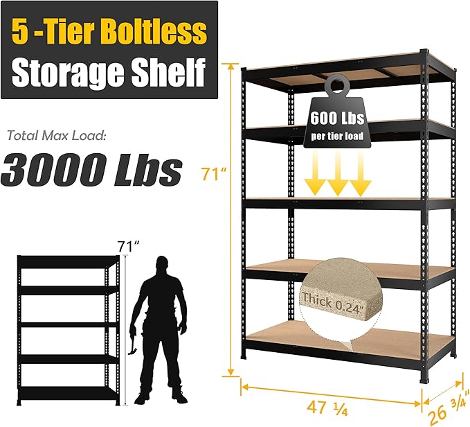 PrimeZone 47" W x 23.6" D x 71" H Large Heavy Duty Storage Shelves - 4 Pack 5 Tier Adjustable Garage Storage Shelving, Metal Storage Utility Rack Shelf Unit for Warehouse Pantry Closet Kitchen, Black