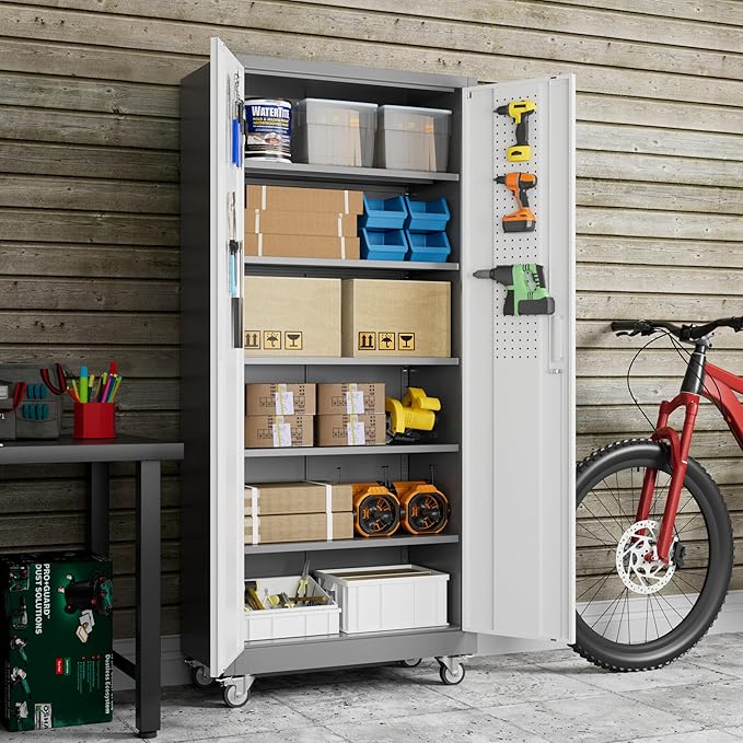 Aobabo Upgrade 71H''*32''W*16''D Metal Garage Storage Cabinet with Wheels and Pegboards, 5 Adjustable Shelves Steel Storage Cabinets for Home,Warehouse,Garage,Assembly Required,Grey and White