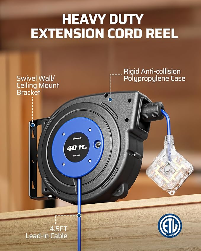 DEWENWILS Retractable Extension Cord Reel with 6 Grounded Outlets, 40FT Retractable Cord Reel, Twist-lock Stopper, 12/3C SJTOW, 15A Circuit Breaker, Heavy Duty Power Cord, ETL Listed