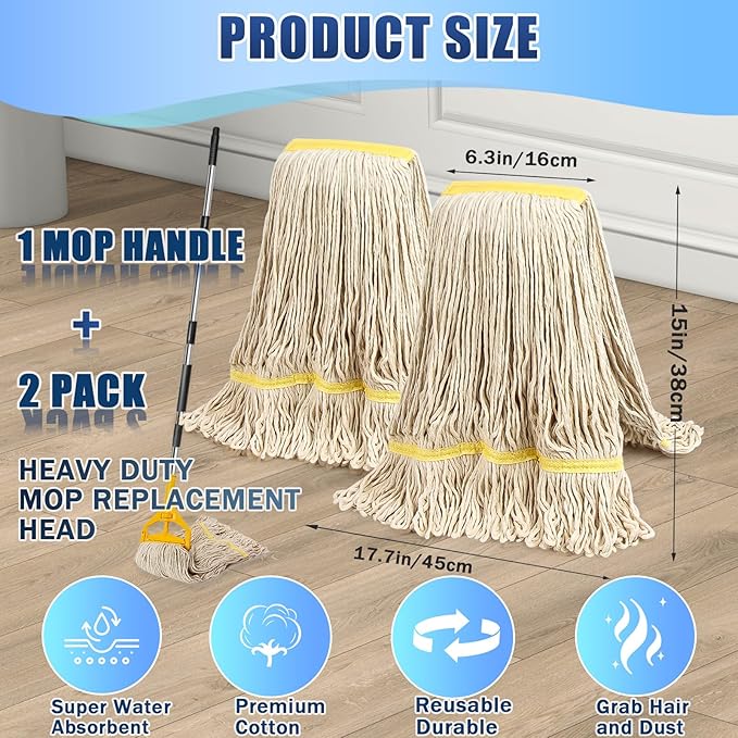 2 Pack 20ozCommercial Mop Heavy Duty Industril Cotton Mop, Cotton Commerical Industrial Grade Mop Replacements Heads for Home,mops for Floor Cleaning Heavy Duty,with 63'' Stainless Steel Mop Handle