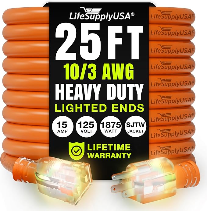 25ft Outdoor/Indoor Extension Cord 10/3 Gauge Ultra Heavy Duty 3 Prong SJTW, Waterproof, Flexible Cold-Resistant Long Power Cord,15A 125V 1875W, Orange by LifeSupplyUSA