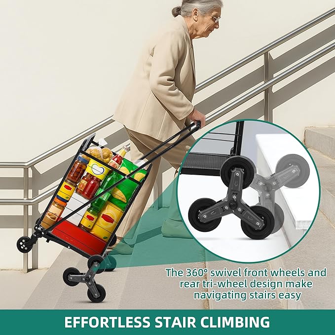 YITAHOME Folding Stair Climber Cart, 360° Swivel Wheels & Tri-Wheel Design, Heavy Duty Utility Cart for Shopping, Laundry, Travel & Stairs, Ideal for Seniors