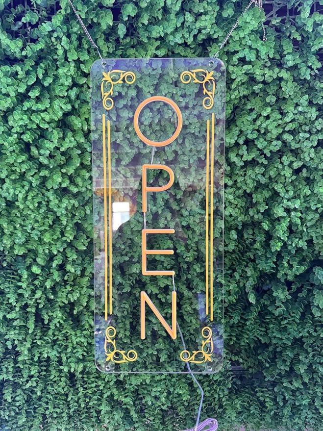 Vertical LED Open Sign - UV printing Pattern, LED Open Signs for business – USB Powered Neon Wall Light, Neon Sign for Shop, Window, or Business Use (7x16.5'', Orange Yellow)