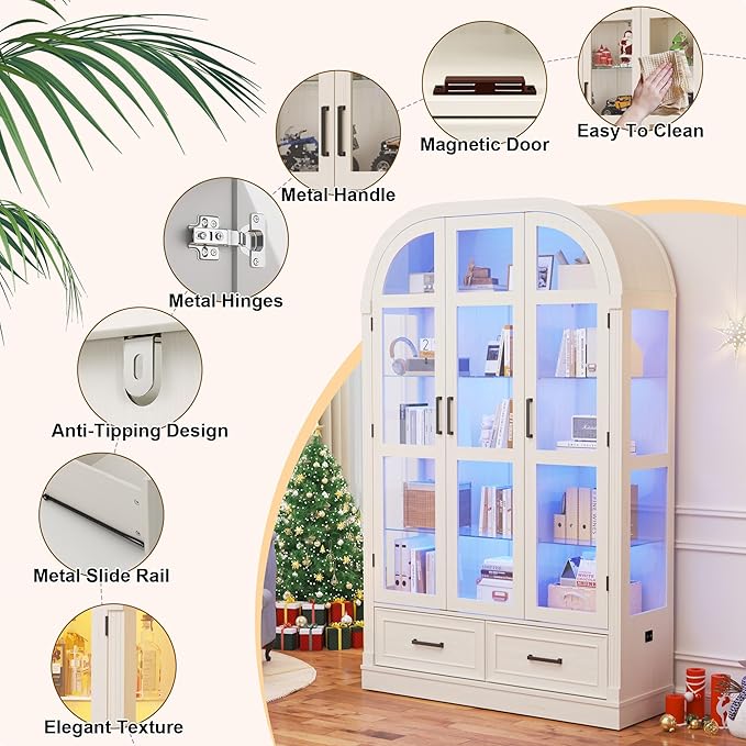 Arched Display Cabinet with 3 Glass Doors,5-Tier Curio Cabinet W/3 Color Lights for Collectibles,78'' Tall Curio Cabinet W/2 Drawers,Modern Display Case W/Human Body Sensor for Living/Game Room,Arche