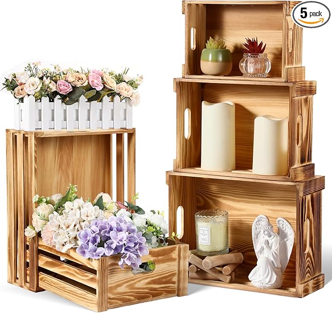 5 Pack Decorative Wood Crates for Display 5 Sizes Rustic Nesting Wooden Crates Vintage Storage Container Boxes with Handles Handmade Decorative Baskets Bin for Farmhouse (Classic Color)