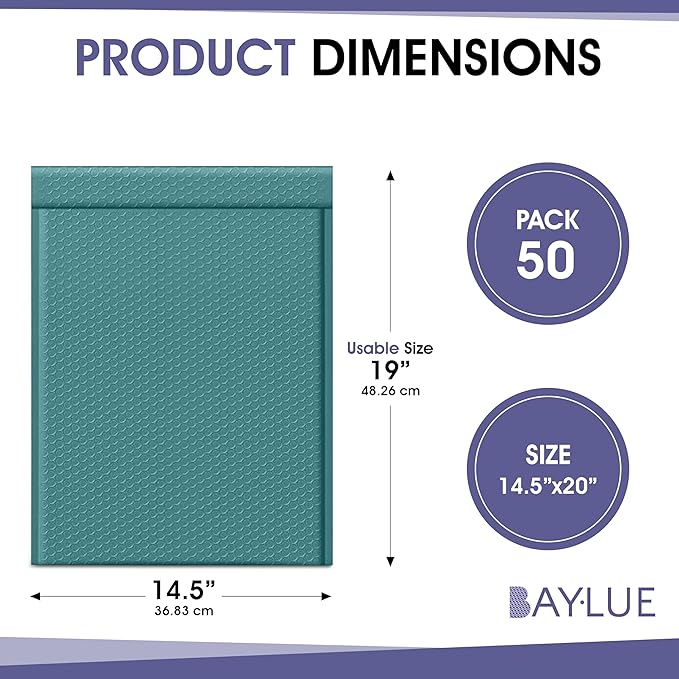 Green 14.25x20 Inch Poly Bubble Mailers #7 | Self Seal Large Padded Envelopes | Air Cushioned Bubble Mailer | Usable Size 14.25x19 Inch | Waterproof Lightweight Mailing Shipping Bags | 50 Pack