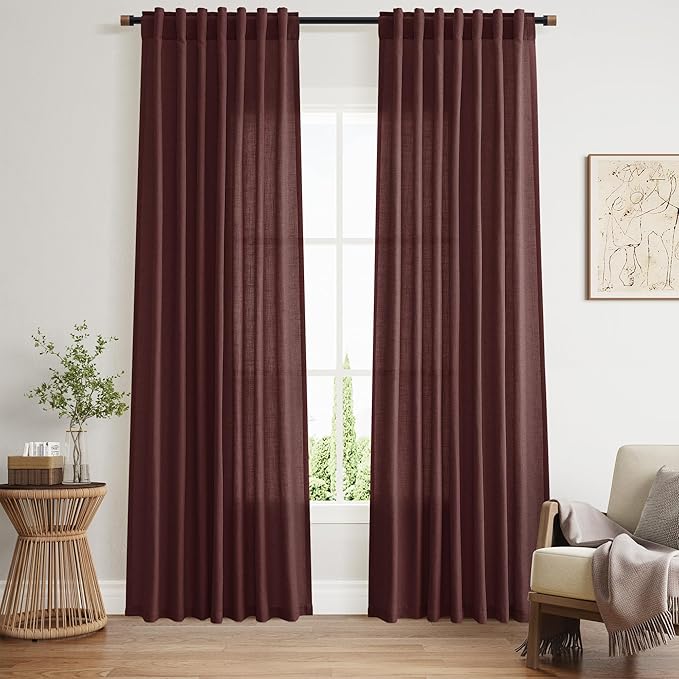 Nanspring Reddish Brown Linen Blend Light Filtering Back Tab Curtains 84 Inches Long, Semi Sheer Privacy Drapes for Living Room & Bedroom Simple Style, 52x84 inch, 2 Panels