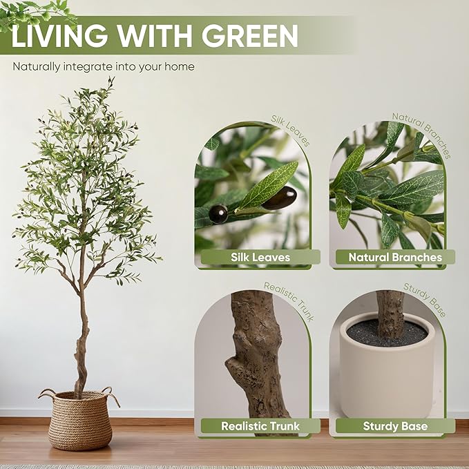 Artificial Olive Tree 7FT, Tall Faux Olive Trees with White Pot for Indoor Outdoor, Realistic Potted Plant Natural Wood Trunk, Leaves and Fruits for Home Office Decor (1, 7FT)