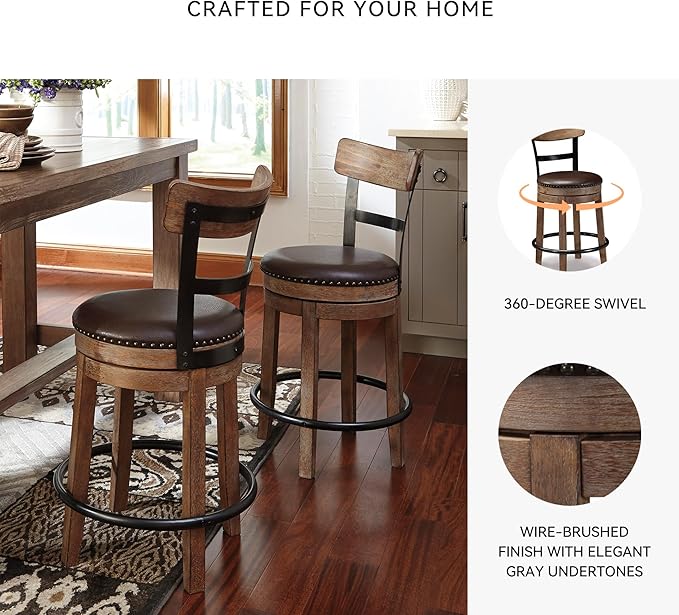 Signature Design by Ashley Pinnadel |24.25" Counter-Height Swivel Bar Stool – Modern Farmhouse, Faux Leather, 360° Swivel, Nailhead Trim, Rustic Light Brown