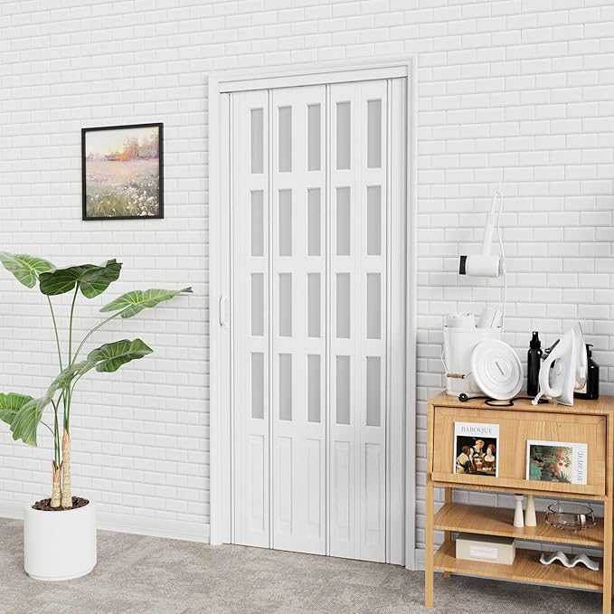 24-36 x 80in Accordion Doors Interior Folding Door, White PVC Accordion Door with 4 Frosted Acrylic Glass with Upgraded Roller & Handle & Complete Hardware, for Closet Bathroom Doorways