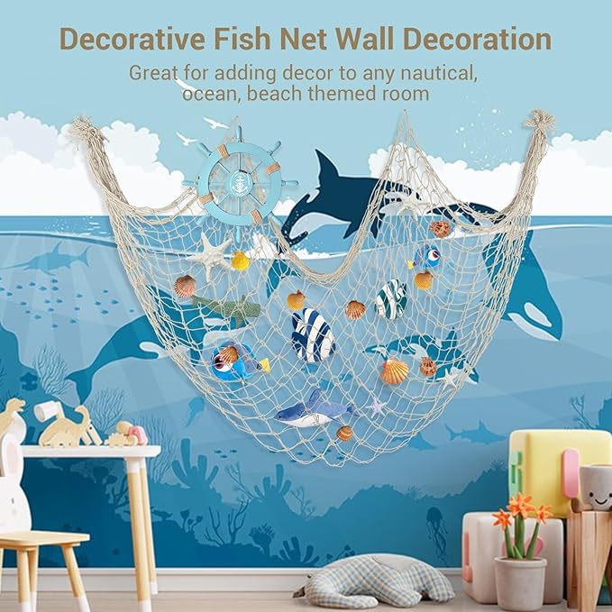 80x40 Inch Decorative Fishing Net w/Shells & Clips, 3mm Beige Natural Cotton Large Photo Hanging Fishnet, Wall Halloween Party Decorations for Nautical Pirate Hawaii Underwater Mermaid Themed Party