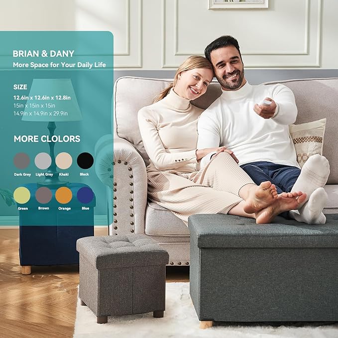 BRIAN & DANY Ottoman with Storage, Small Storage Ottoman for Dorm, Linen Folding Ottoman Foot Stool with Legs for Living Room and Bedroom, 15"x15"x15" - Light Gray