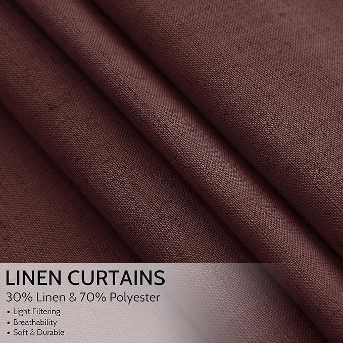 Nanspring Reddish Brown Linen Blend Light Filtering Back Tab Curtains 84 Inches Long, Semi Sheer Privacy Drapes for Living Room & Bedroom Simple Style, 52x84 inch, 2 Panels