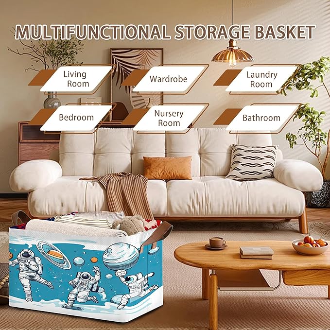 Astronaut Pattern Storage Basket Large 17x11.5x10.5 Inche-Collapsible Fabric Organizer Bin with Handles for Kids Room, Space Theme, Toys-Foldable Decorative Hamper with Rocket & Stars-Single Pack