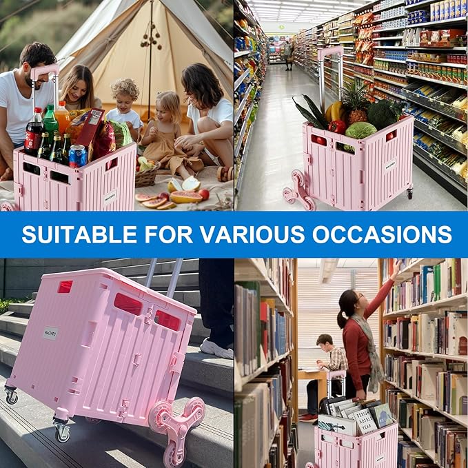 Foldable Utility Cart with Stair Climbing Wheels, Collapsible Rolling Crate with Telescoping Handle, Folding Shopping Trolley Handcart Grocery Book File Tool Teacher Storage Basket (Pink)