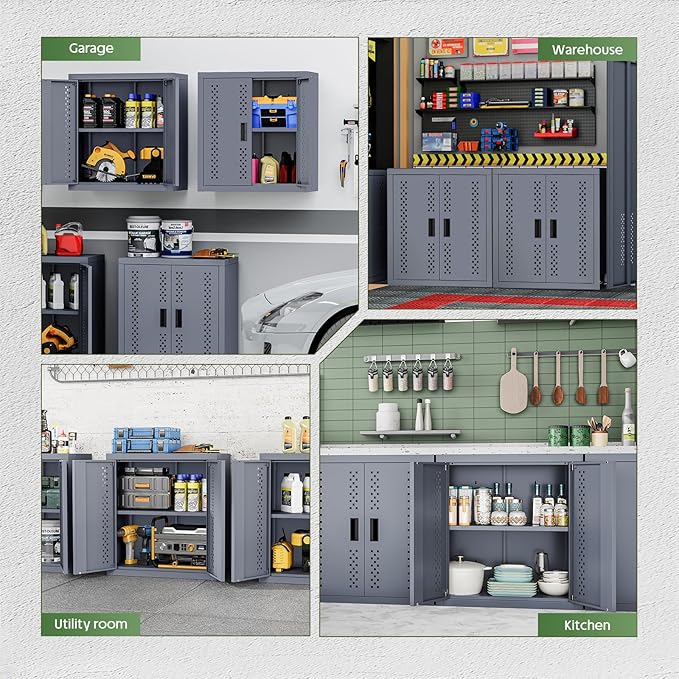 Metal Garage Cabinet, Storage Cabinets, Floating Garage Tool Cabinet with 2 Doors and Adjustable Storage Shelves, Heavy-Duty Tool Organizer for Warehouse, Basement, Kitchen