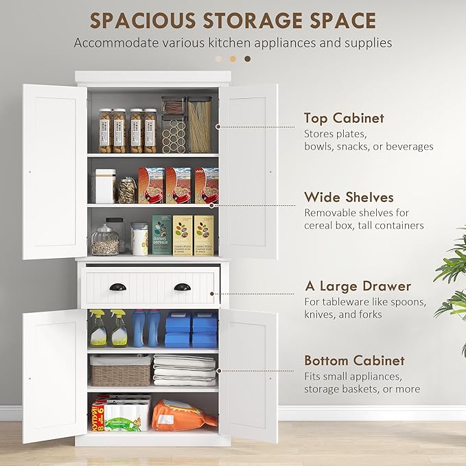 HOMCOM 72" Kitchen Pantry Cabinet, Freestanding Tall Storage Cabinet, Traditional Kitchen Cabinet with 4 Doors, Drawer and 3 Adjustable Shelves for Dining Room, White