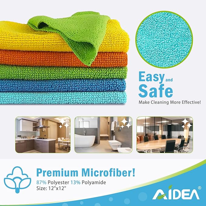 AIDEA Microfiber Cleaning Cloth, 200PK, Absorbent Shop Rags, Microfiber Towels for Cars, Kitchen Towels, Dusting Cloth for Home, Window, Cleaning Supplies, 12"×12"