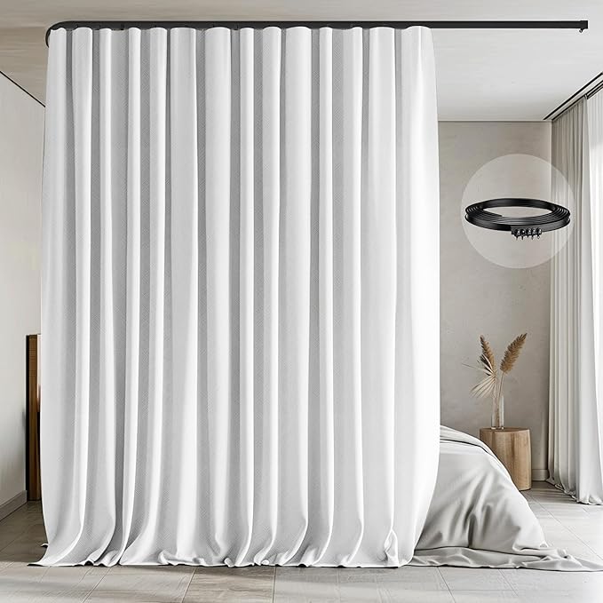 Room Divider Curtains with Flexible Ceiling Tracks Set,Blackout Curtain Ceiling Mount Curtain Track Privacy Room Dividers Ceiling Track Curtain Rod(White Drape & Black Rail W 8.3 × H 8 FT)