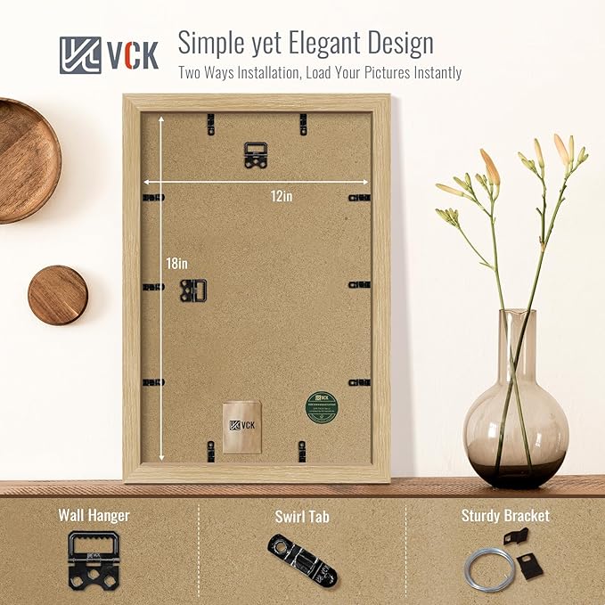VCK 12x18 Picture Frame 5 Pack - Natural Oak, High-End Wood Poster Frames with Tempered Glass, Display 11x17 Photo with Mat or 12x18 without Mat, Art Gallery-Quality, Wall Hanging, Natural Oak