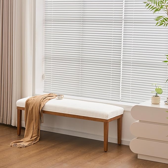 Rowill 53 Inch Long Entryway Bench for Bedroom End of Bed, Dining Room Bench with Upholstered Padded Seat and Solid Wood Leg for Kitchen, Living Room, Indoor and Hallway, Cream