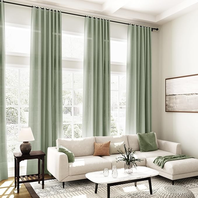 Nanspring Desert Sage Linen Curtains 102 Inches Long Rod Pocket Back Tab Drapes 2 Panels Set for Living Room Bedroom Light Filtering Semi Sheer Desert Sage Curtain 102 Length for Patio Door 52x102
