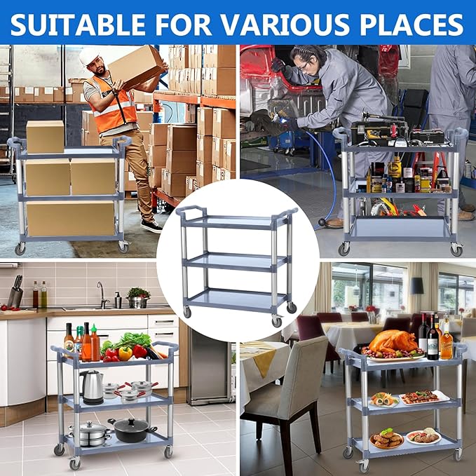 3-Tier Heavy Duty Rolling Cart with 360° Lockable Wheels, 120lbs Per Shelf Storage Utility Cart for Kitchen, Restaurant，and Office Use, Multifunctional Storage,Grey