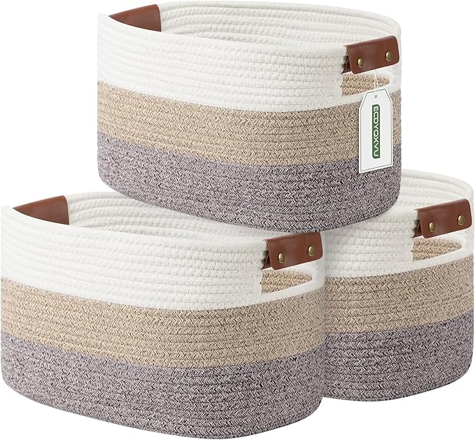 Cotton Rope Basket, Storage Baskets with Handle, 15x10x9 Inch Woven Basket for Shelves, Laundry, Towels, Clothes, Books (Gradient Brown 3 Pack)