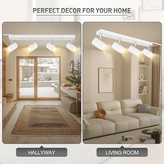 BoostArea LED Track Lighting Ceiling Fixtures, White 4-Light Plug in Track Lights for Kitchen, 4 Way Ceiling Spotlight, 15 FT Cord,Flexibly Rotatable Wall Mount Light Head for Bedroom Hallway