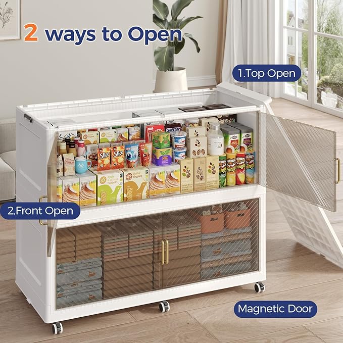 200 Gallon Extra Large Collapsible Storage Bin with Lid, 960QT Stackable Plastic Organizer with 6x Wheels, Foldable Drawer Cabinet for Closet, Living Room Office, Kitchen 4Pack, White