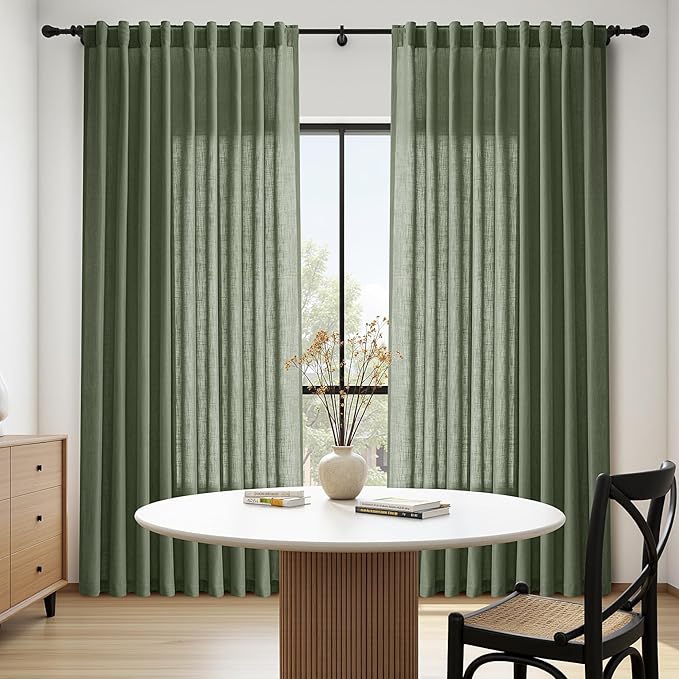 Nanspring 70 Inches Wide Olive Green Linen Curtains for Living Room 2 Panels Set 90 Inch Length Back Tab Light Filtering and Breathability Semi Sheer Curtain for Bedroom 70x90
