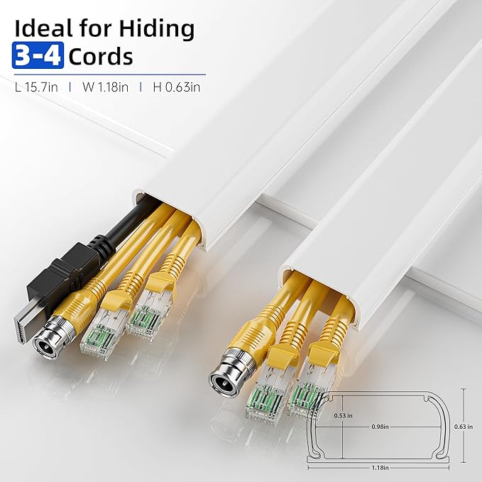 Delamu Cord Hider Cover, 142in TV Cable Concealer Kit for Wall Mounted TV with Management 3-4 Wires, Paintable Cable Cover for Floor, Easy Install, W 1.18 H 0.63in, White