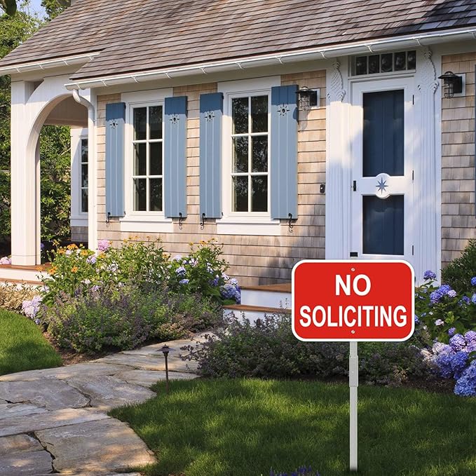 No Soliciting Sign with Stake, 12" x 8" Heavy Duty Aluminum Signs & 28" Long Aluminum Alloy Stakes, Red No Soliciting Sign for House, Home Yard Decor