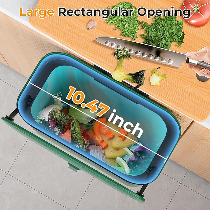 1.9 Gallon Hanging Trash Can - Small Under Sink Trash Can with Lid, Wall Mounted Garbage Bin for Kitchen & Bathroom Cupboard, Odor-Control, Extended Clamping Ring, Green