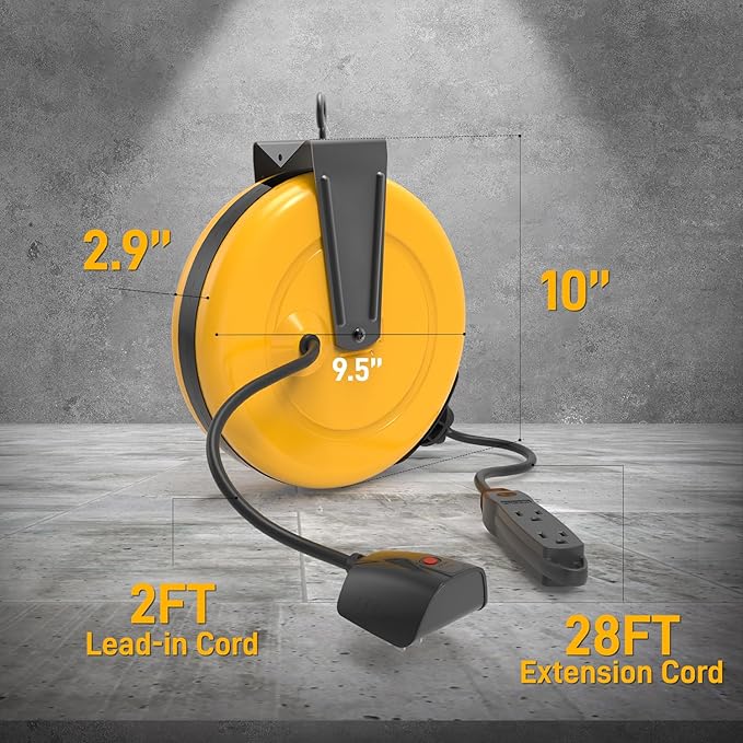 30Ft Retractable Extension Cord Reel, Ceiling/Wall Mount 16/3 Gauge SJTW Power Cord with 3 Outlets Triple Tap for Garage, Shop, 10 Amp Circuit Breaker, Durable Coated Metal Plate, ETL Listed