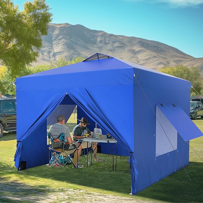 MFSTUDIO 10x10 Pop Up Canopy Tent with Removable Sidewalls, Outdoor Enclosed Instant Portable Shelter with Breathable Mesh Windows, One Person Setup, Blue