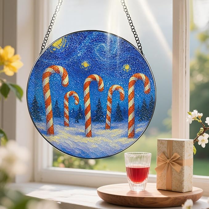 8-Inch Starry Night Stained Glass Ornament, Stained Glass Window Hanging, Window Hanging Decor Suncatcher – Gifts for Christmas Lovers, Friends, Family, Coworkers | Holiday Decorators