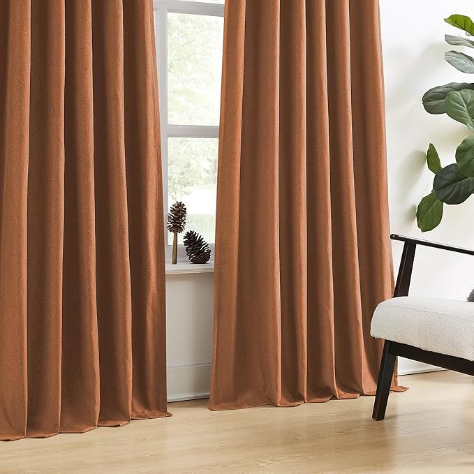 DUALIFE Pinch Pleatd Blackout Curtains 96 Inches Long, Boho Linen Rustic Copper Color Retro Room Darkening Privacy Curtains Drapes with Hooks for Living Room Bedroom 2 Panels Terra Cotta Rust